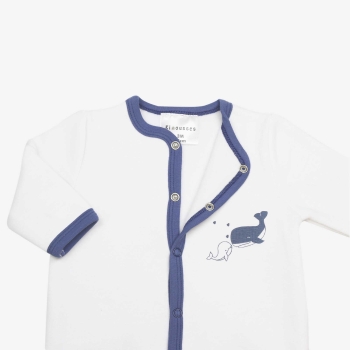 Baby pajamas with birth opening and snaps, white and blue with whale and baby whale print