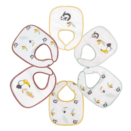 Set aus 6 weißen Lätzchen mit kleinen bunten Tieren