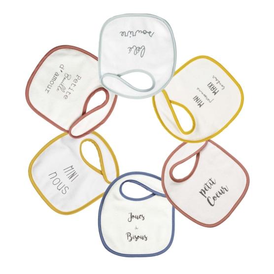 Set of 6 white bibs with small messages