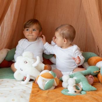 Two babies playing in their space defined by the diplododo decorative braid