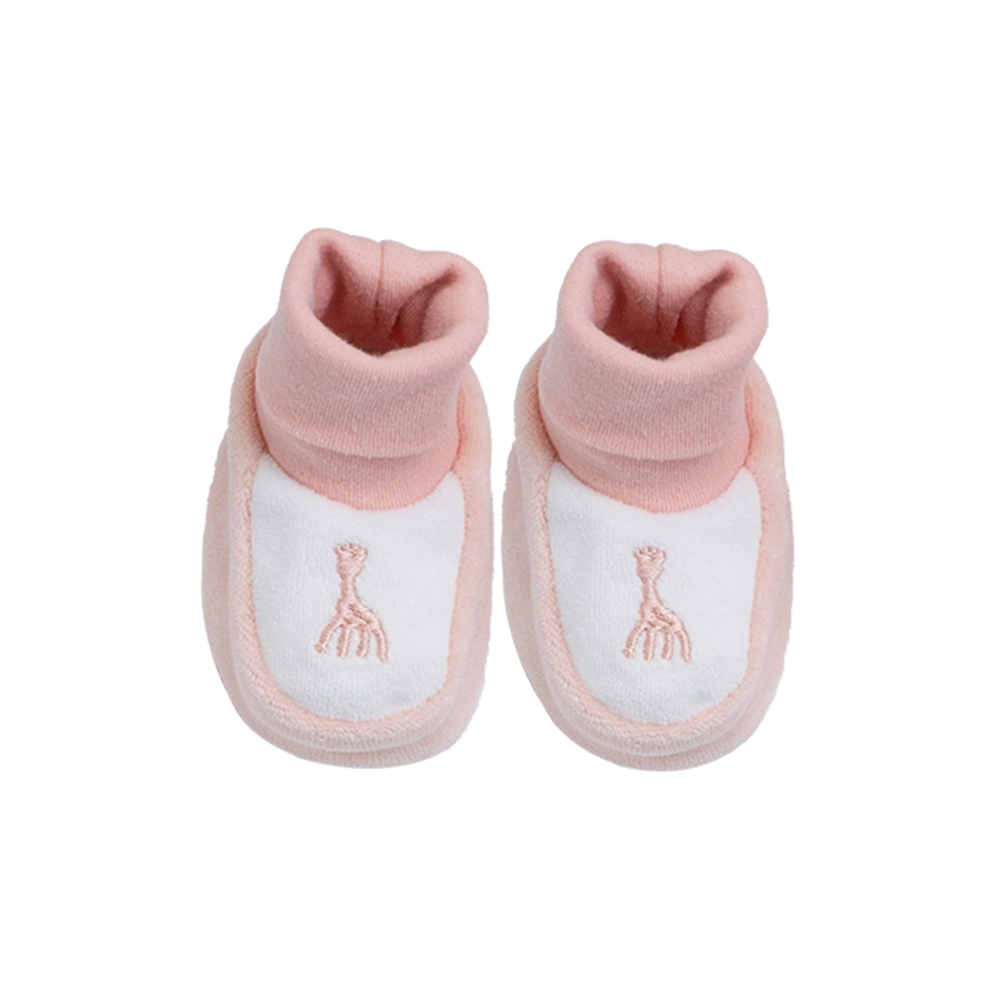 Pink bootie with pink Sophie the Giraffe embroidery