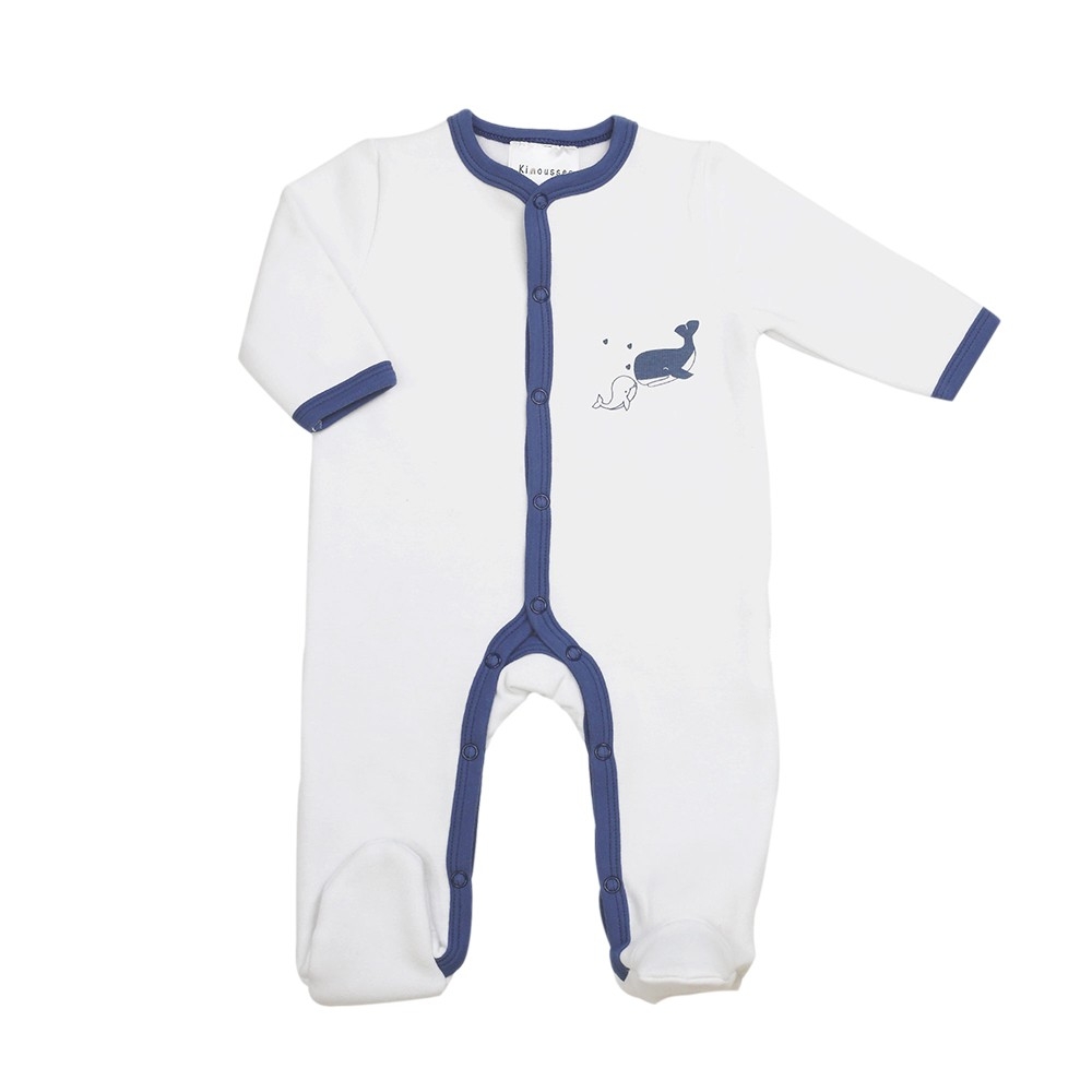 Newborn pajamas in white and blue fleece with Bisous salés label
