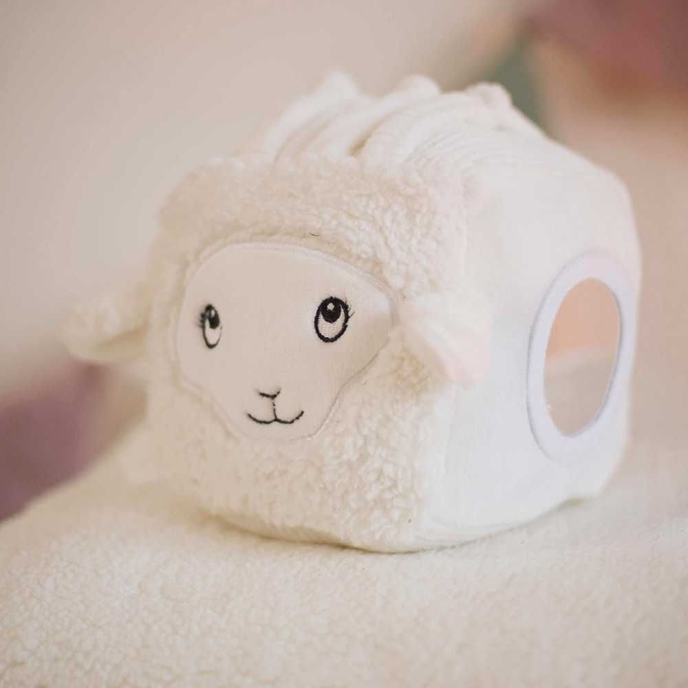 cubo de actividades con la cabeza de Wooly la oveja y las diferentes actividades del cubo de estimulación
