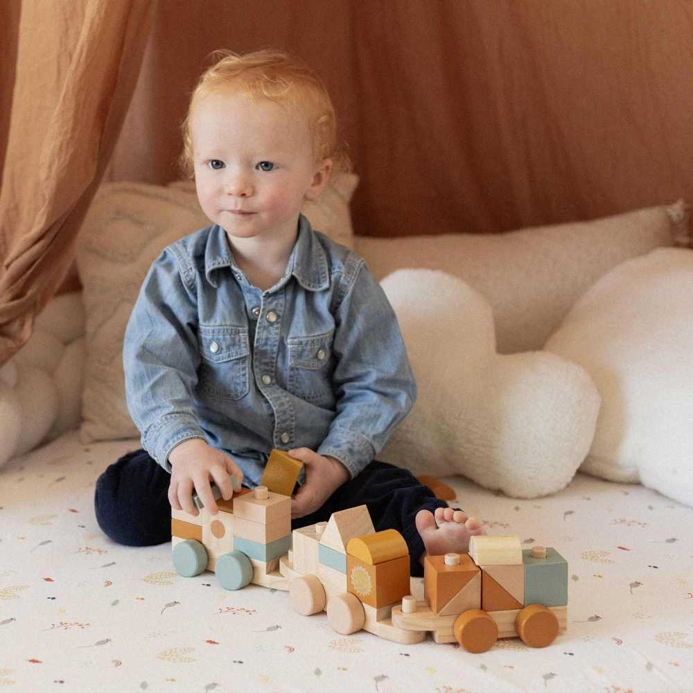 baby speelt met zijn houten trein.