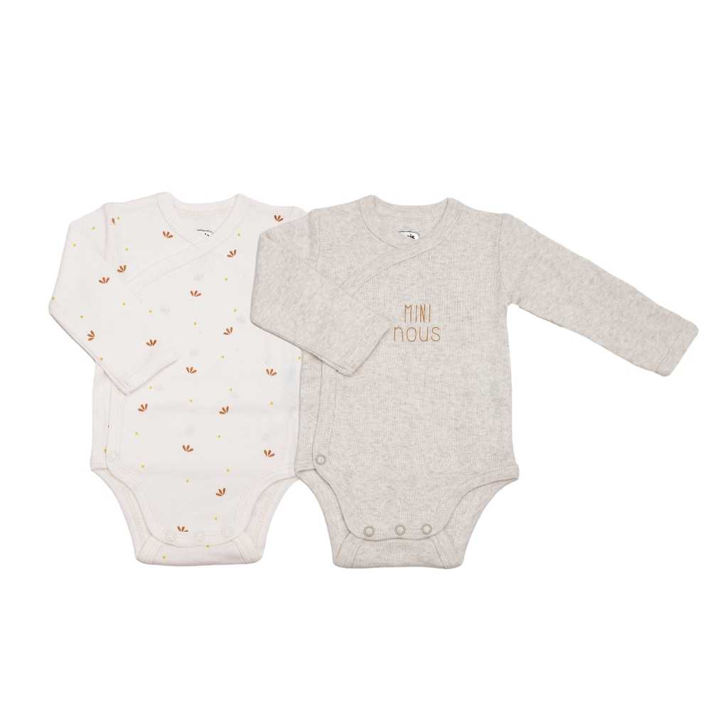 Set aus zwei cremefarbenen Bodies mit Aufschrift Mini nous