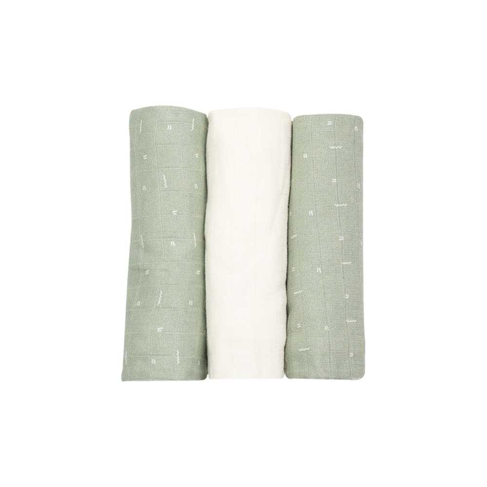 Lote de 3 muselinas bebé 70x70cm, color blanco y verde oliva