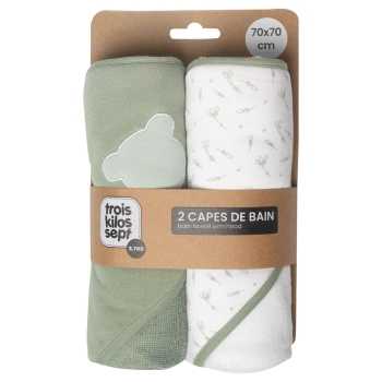 Set of 2 baby bath capes olive green and white