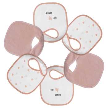 Set of 6 pink baby bibs with hearts
