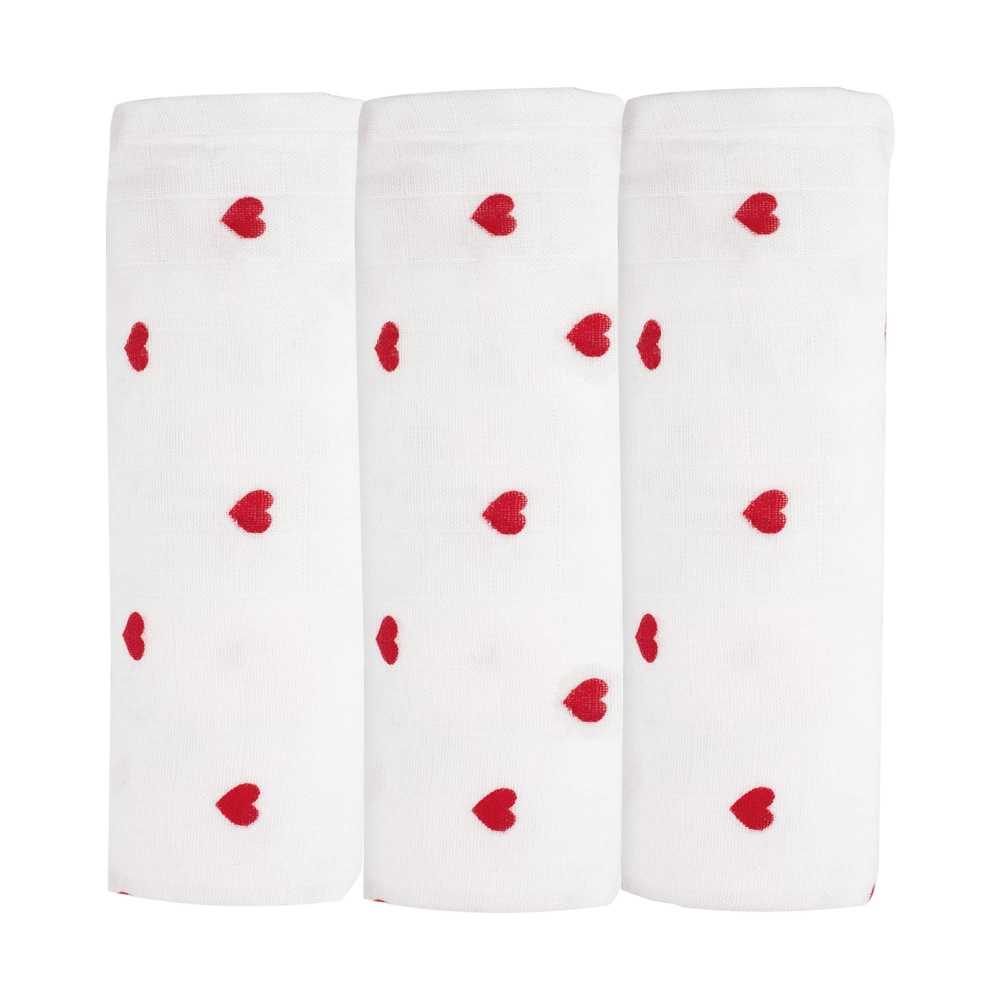 Lote de 3 muselinas bebé fondo blanco con corazones rojos