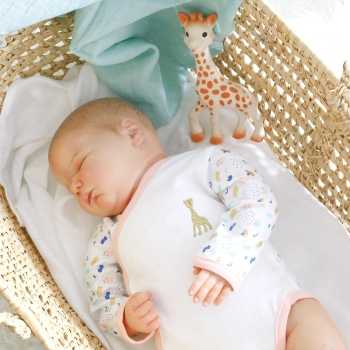 schlafendes Baby in seinem Körbchen mit seinem bestickten Mädchen-Body