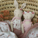 Poupée lapin avec doudou rose chat dans un cosy en osier