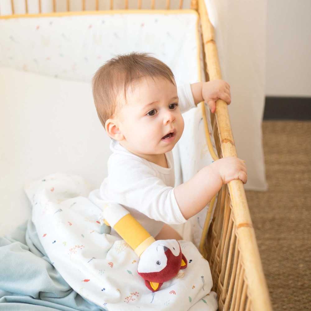 Bébé dans son lit avec sa couverture et son hochet renard