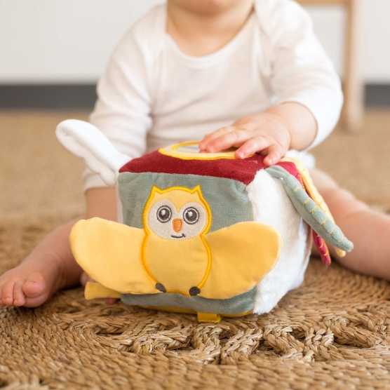 Cubo delle attività con un piccolo gufo in rilievo e un piccolo specchio sulla parte superiore