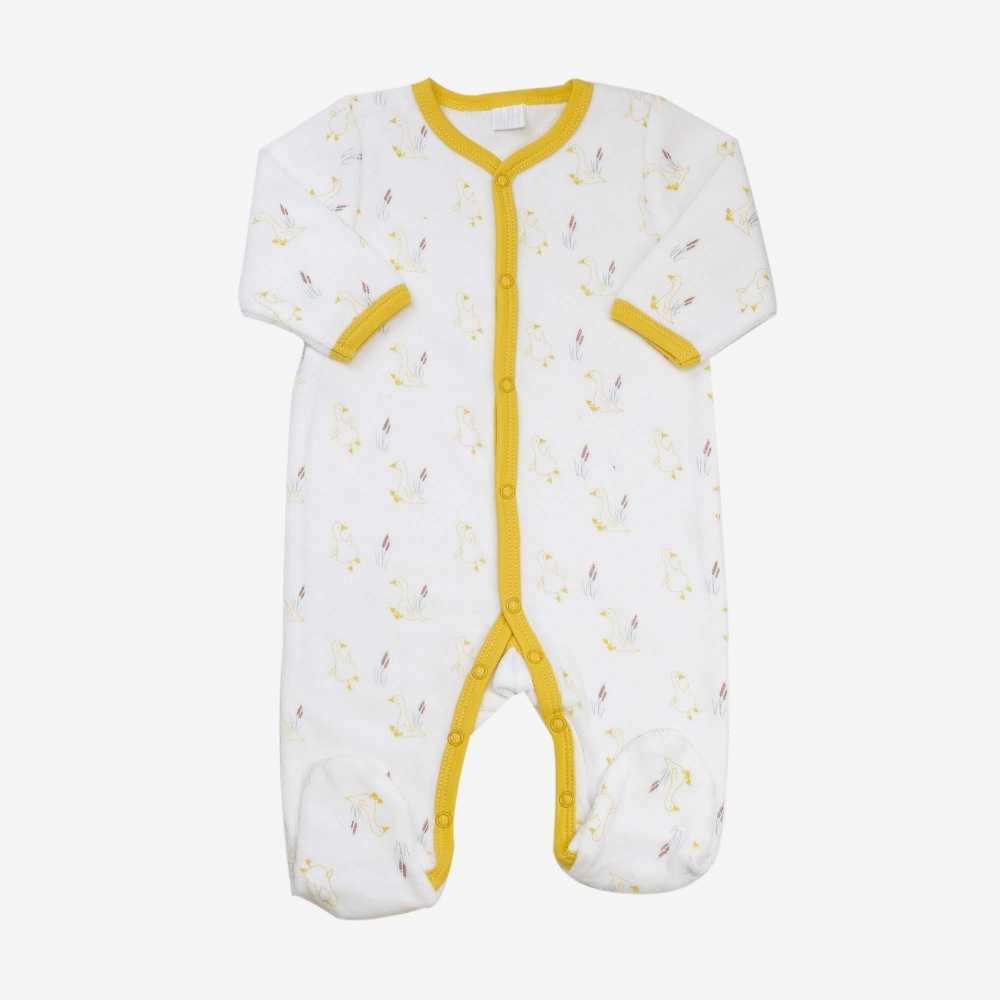 White and mustard baby pajamas with little geese