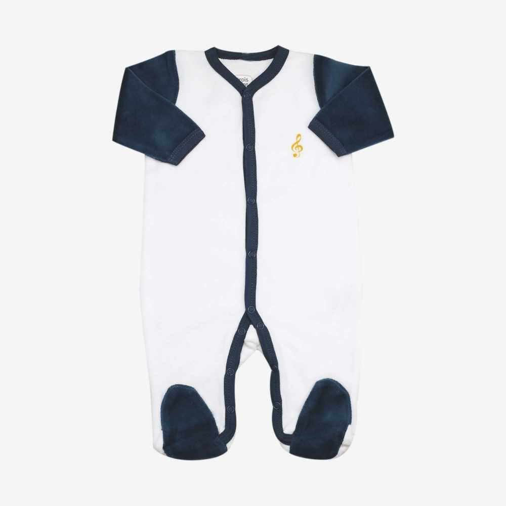 Witte en donkerblauwe babypyjama met geborduurde muzieknoot