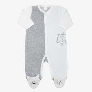 White and gray baby pajamas embroidered with a cat