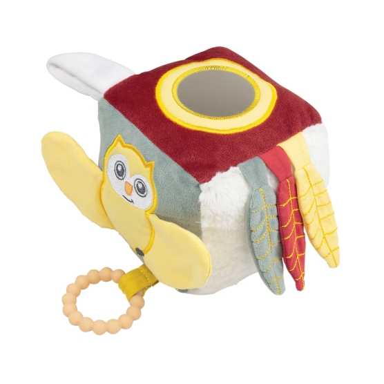 Activiteitenkubus met een kleine uil in reliëf en een kleine spiegel bovenop