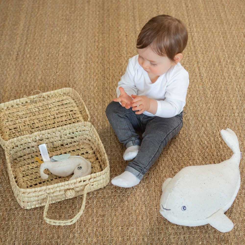 bambino con il suo sonaglio a forma di cavalluccio marino al largo di nova