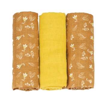 Lot de 3 langes 70x70cm - Camel et fleuris