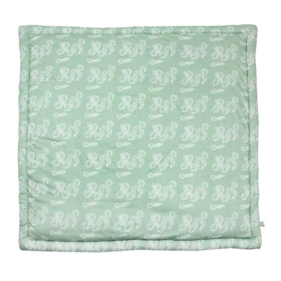 playpen mat with a white leaf pattern on a sage green background