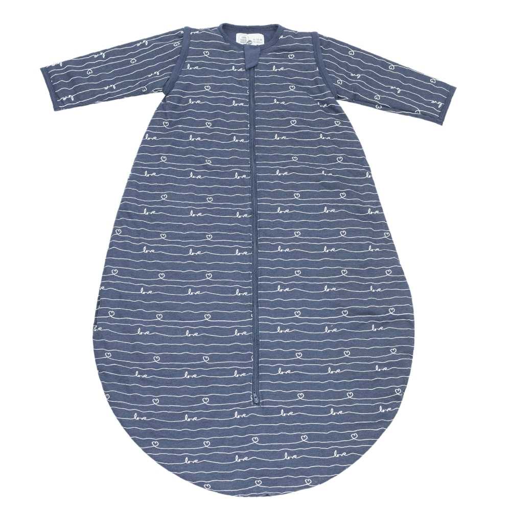 navy blue sleeping bag with white love pattern