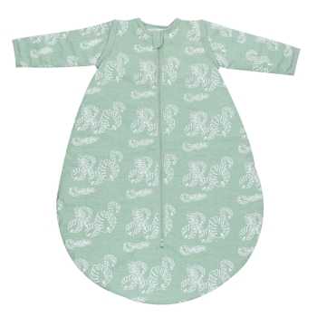 sage green sleeping bag with tropical leaf patterns