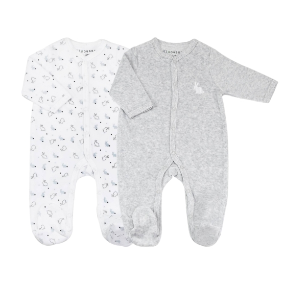 Set of two pajamas in heather gray and white with small rabbits