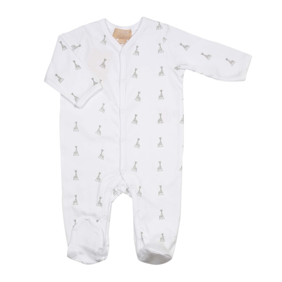 white newborn pajamas with sophie the giraffe motifs front