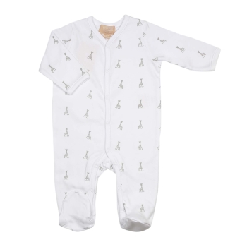 white newborn pajamas with sophie the giraffe motifs front