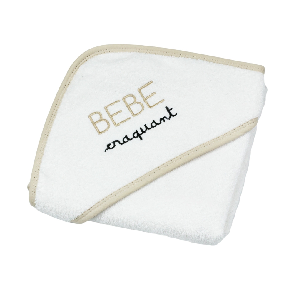 Witte baby badcape schattige baby met beige bies