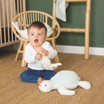 Baby, das mit seinen kuschelweichen Ozean-Spielzeugen spielt
