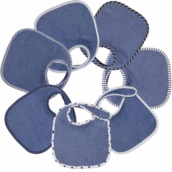 set van 7 effen blauwe uniseks slabbetjes