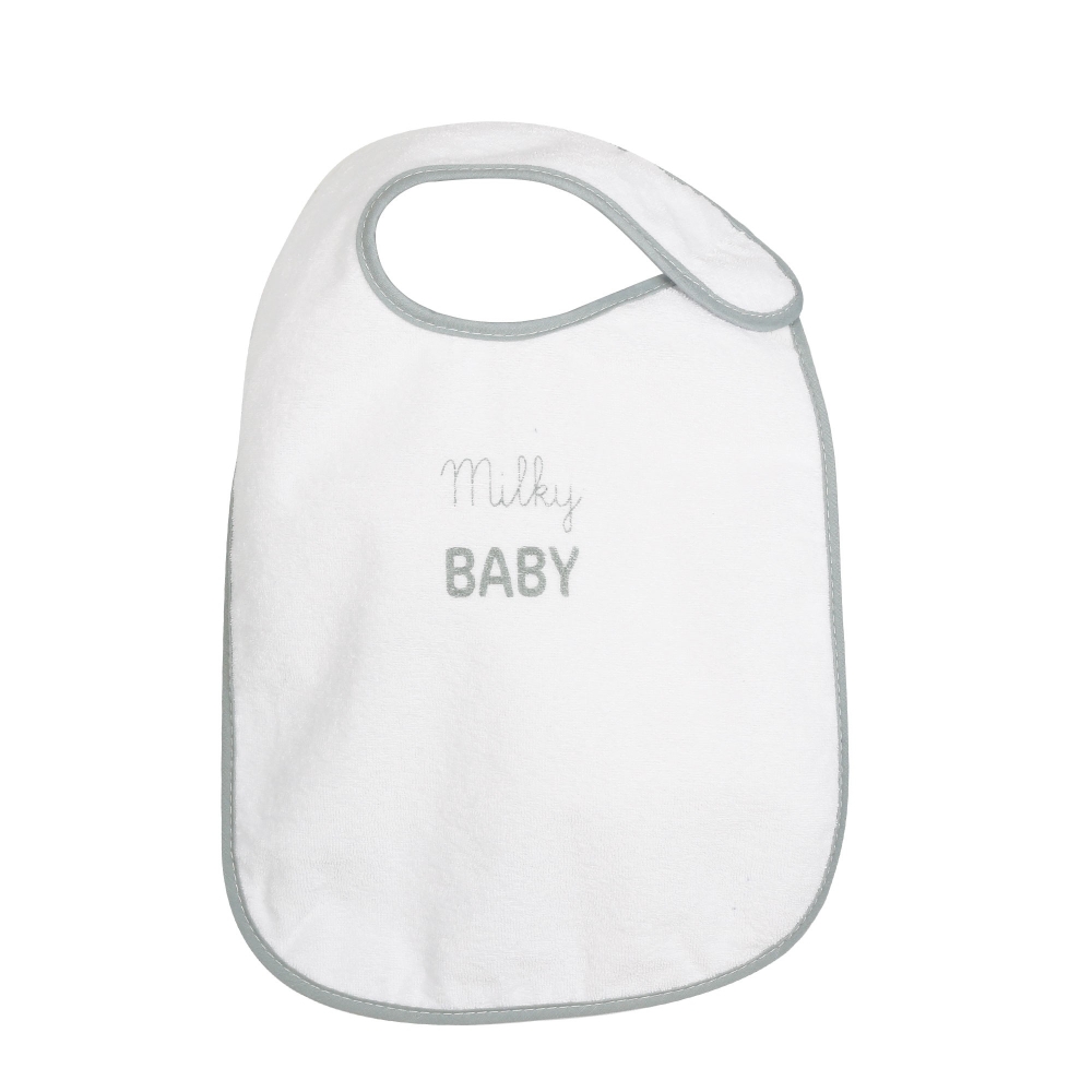 White bib with Milky Baby inscription