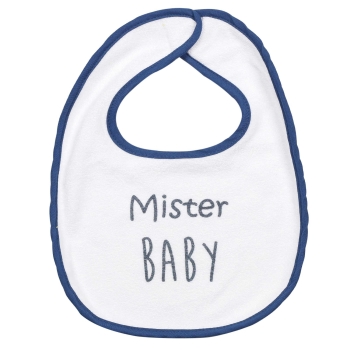 wit slabbetje met blauwe bies en tekst Mister Baby