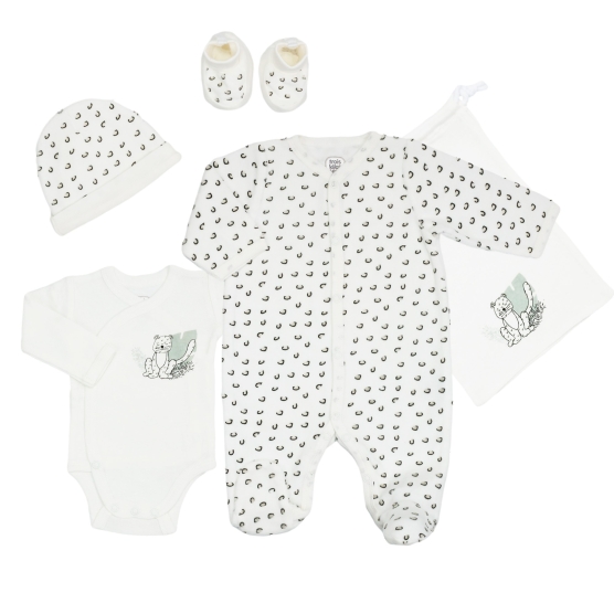 komplettes Geburtsset mit Pyjama, Body, Mütze, Schuhen, Fäustlingen und der passenden Aufbewahrungstasche