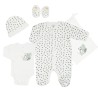 set nascita completo con pigiama, body, berretto, scarpine, muffole e sacchetto coordinato