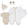 Beige and white newborn set including pajamas, bodysuit, booties, hat and storage bag