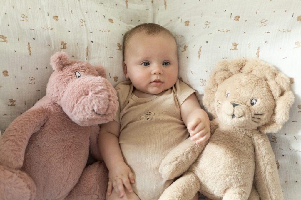 bébé sur un canapé avec deux peluches, un lion et un hippopotame